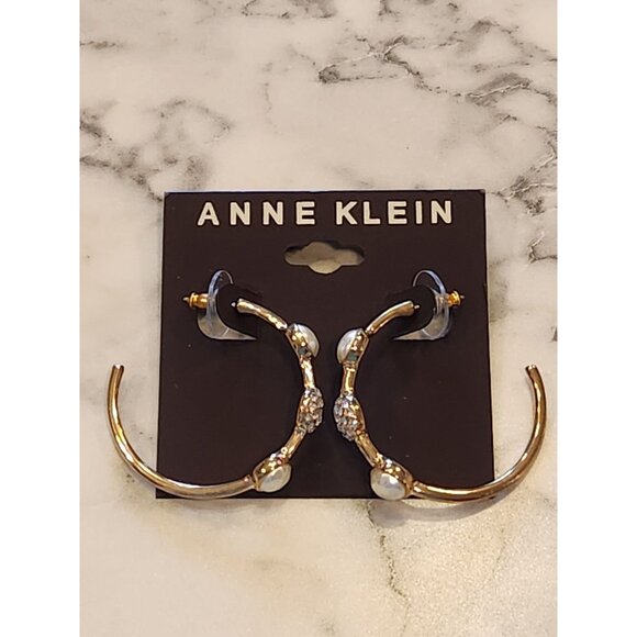 Anne Klein Gold-Tone Hoop Earrings With Faux Pearl & Crystal Accents - Picture 1 of 5